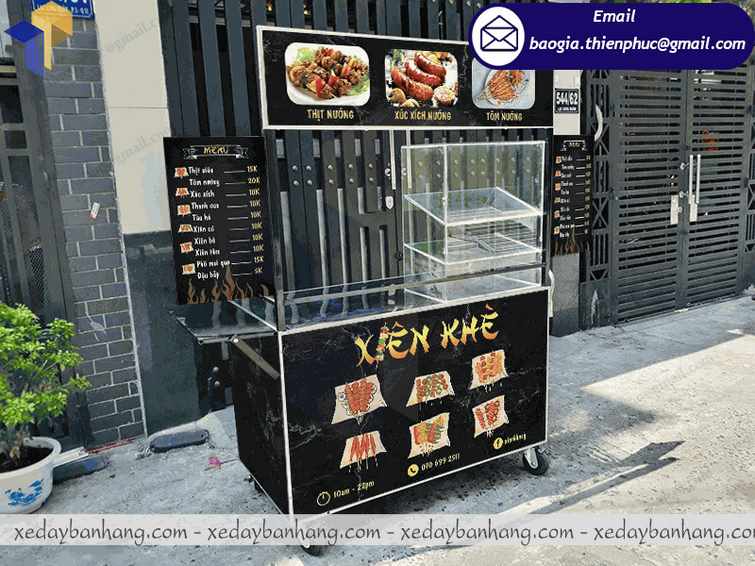 xe đẩy bán xiên que cá viên bằng inox